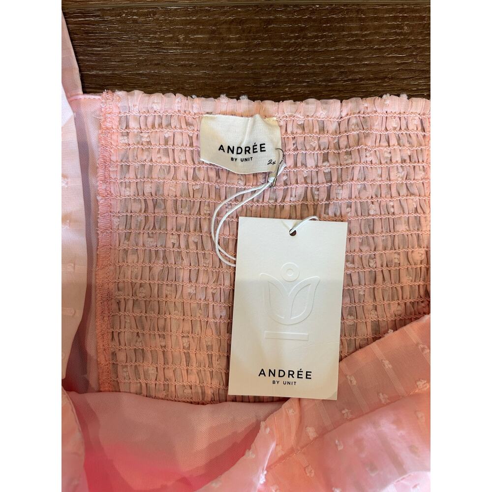 Andrée by Unit Pink Swiss Dot Smocked Babydoll Tunic Blouse Sheer Sleeves 2X - Picture 2 of 10
